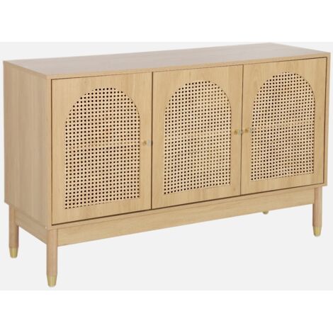 Aparador con decoración madera y mimbre 3 puertas, 120cm