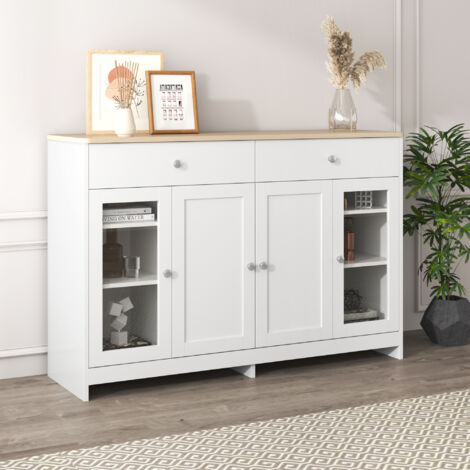 Aparador, con dos cajones, cuatro puertas, puerta de vidrio, blanco y color madera, 120x37x80 cm