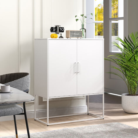 Aparador con dos estantes mueble de acero autoportante puertas magnéticas dispositivo antivuelco 85×40×109cm color blanco
