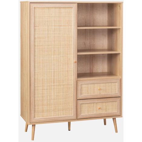 Aparador con efecto de caña y madera de 2 cajones, 101cm