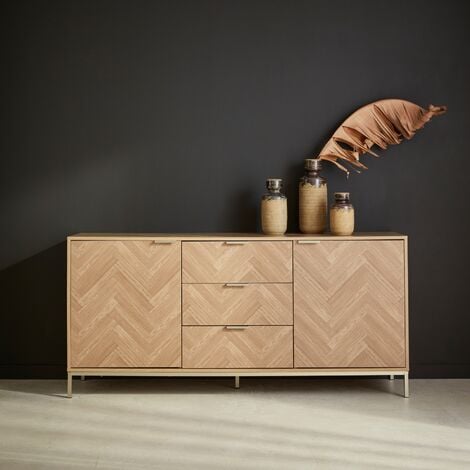 Aparador con efecto espiga de 2 puertas, 160cm, Budapest, Natural, 160x40x75 cm