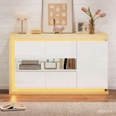 Aparador con LED, 3 puertas y 4 compartimentos, en blanco y madera natural, 140x40x84 cm