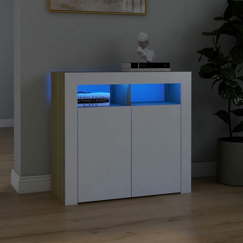 

Aparador con luces LED blanco y roble Sonoma 90x35x40 cm