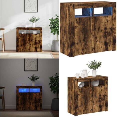Aparador con luces LED roble ahumado 80x35x75 cm - Madera contrachapada - Almacenamiento
