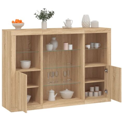Aparador con luz LED 3 piezas madera de ingeniería roble