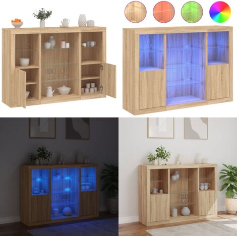 Aparador con luz LED 3 piezas madera de ingeniería roble sonoma - Madera de ingeniería - Almacenamiento