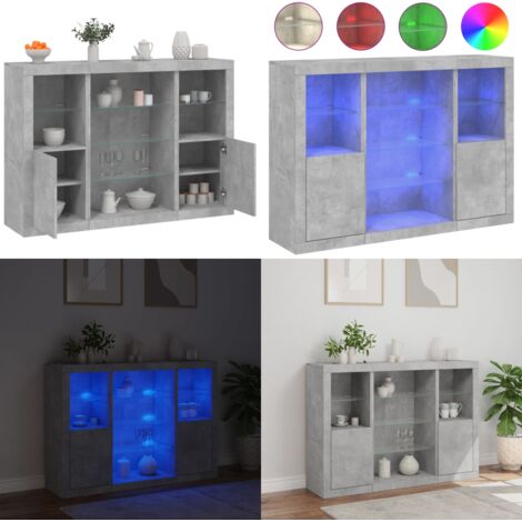 Aparador con luz LED 3 pzas madera de ingeniería gris hormigón - Almacenamiento - Muebles decorativos