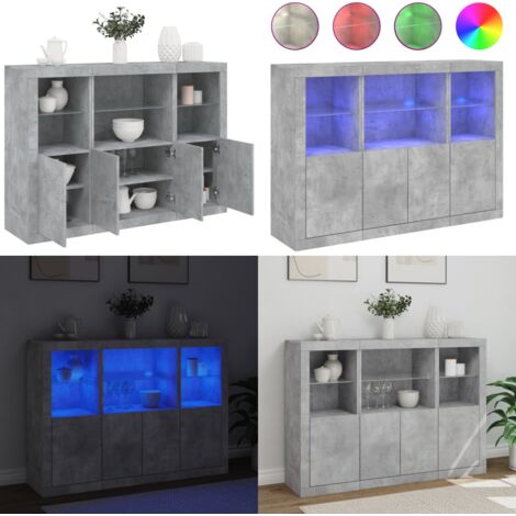 Aparador con luz LED 3 pzas madera de ingeniería gris hormigón - Madera de ingeniería - Almacenamiento