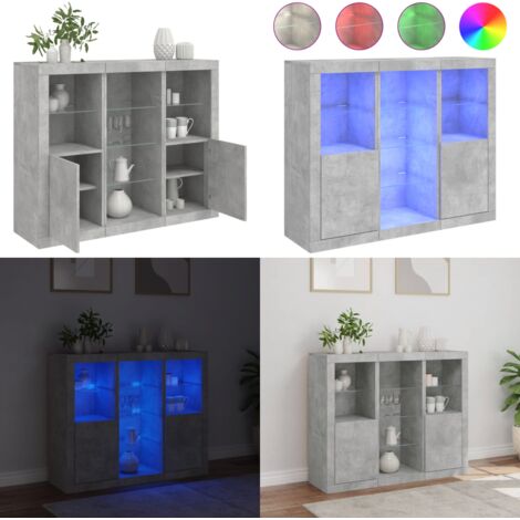 Aparador con luz LED 3 pzas madera de ingeniería gris hormigón - Madera de ingeniería - Almacenamiento