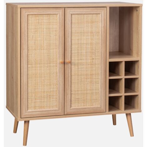 Aparador con portabotellas, mimbre y decoración de madera, 83cm