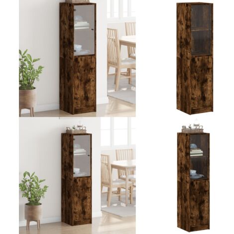 Aparador con puerta de vidrio roble ahumado 35x37x142 cm - Aparador con puerta de vidrio - Mueble de almacenamiento
