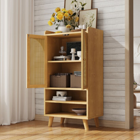 Aparador con puertas de ratán y nichos abiertos, madera natural, 60x40x121 cm