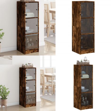 Aparador con puertas de vidrio roble ahumado 35x37x109 cm - Mueble de almacenamiento - Armario alto