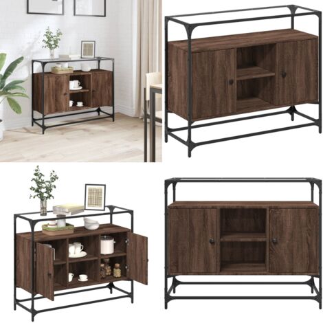 Aparador cristal y madera ingeniería marrón roble 98x35x81 cm - Almacenamiento - Madera de ingeniería