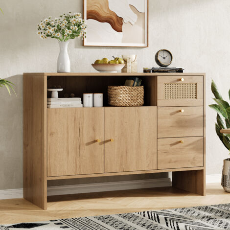 Aparador de 105x40x76 cm con 2 puertas, 3 cajones y un estante abierto, ideal para salón o cocina, madera natural.