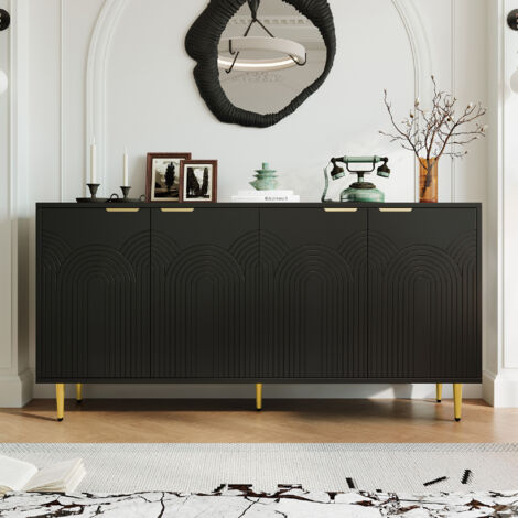 Aparador de 160x40x80 cm con 4 puertas, estantes ajustables y mecanismo de cierre suave, MDF negro y tablero de partículas.