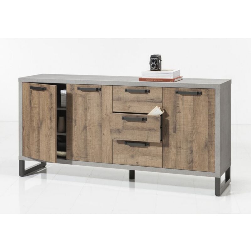 

Caesaroo - Aparador de 184 cm con tres puertas y tres cajones acabado en roble y estructura de cemento | roble y gris