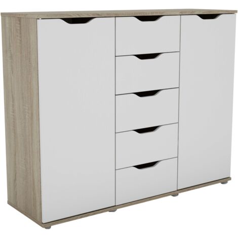 Aparador de 2 Puertas, Buffet para Salón, 5 Cajones Parc Roble Sonoma y Blanco Mate 120x97x38 cm