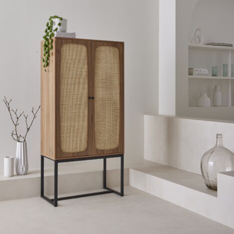 Aparador de 2 puertas de caña y madera, 165cm, Retro, Natural, 80x40x165 cm
