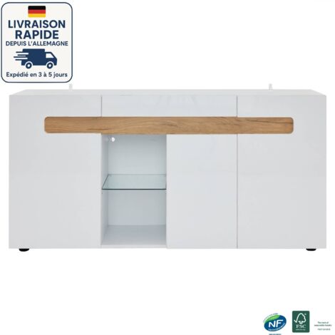 Aparador de 3 puertas - 140x40x70 cm - Contemporáneo - LED controlado por app - Con estante de cristal - Madera con certificación PEFC - Blanco