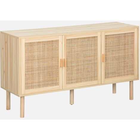 Aparador de 3 puertas con mimbre y efecto madera