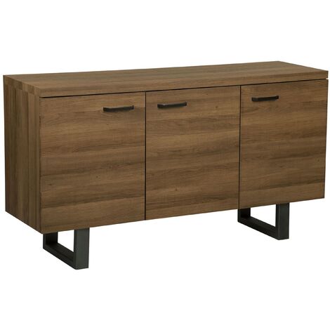 Aparador de 3 puertas de madera oscura con patín gris base de metal asas de aluminio gabinete con estantes industrial Timber