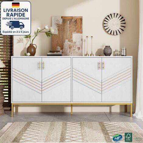 Aparador de 4 puertas - Elegante diseño en blanco y dorado, estructura de MDF con patas de metal, gran capacidad, estantes regulables en altura - Blanco