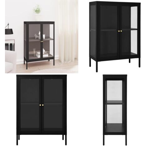 Aparador de acero y vidrio negro 75x35x105 cm - Aparador negro - Aparador de almacenamiento