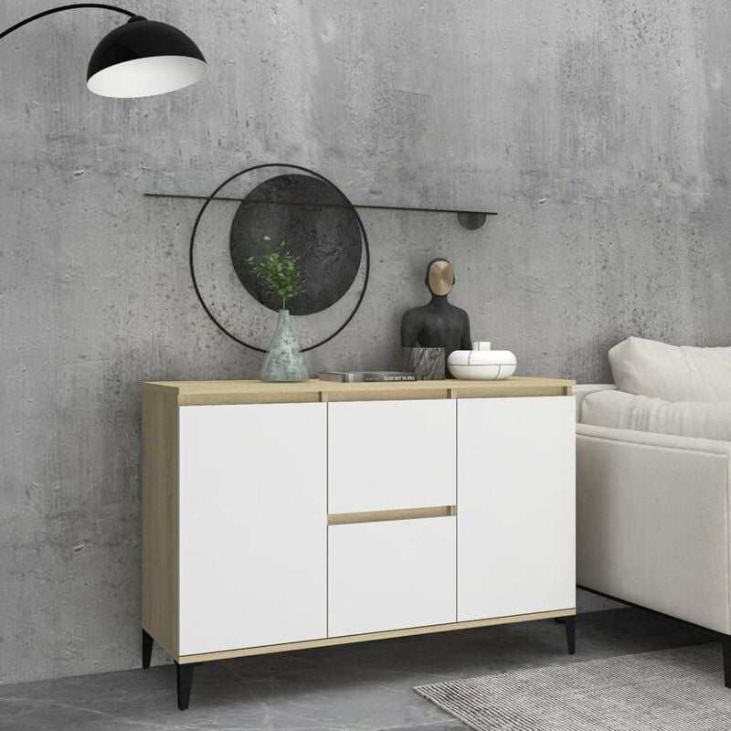 

Happyshopping - Aparador de aglomerado blanco y roble Sonoma 104x35x70 cm