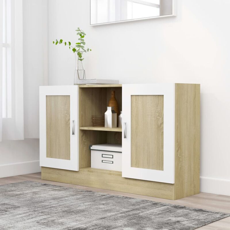

Aparador de aglomerado blanco y roble Sonoma 120x30,5x70 cm - Beige