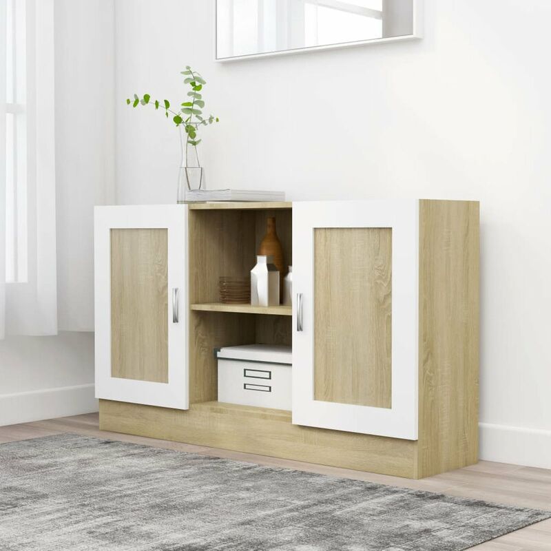 

Asupermall - Aparador de aglomerado blanco y roble Sonoma 120x30,5x70 cm