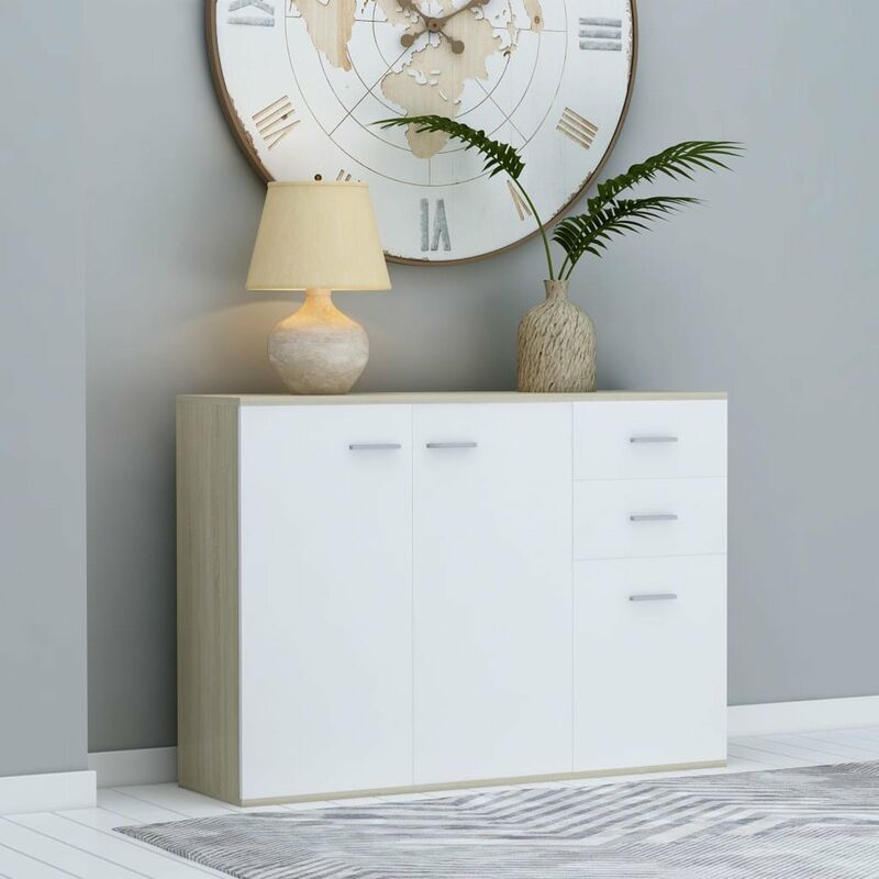 

Happyshopping - Aparador de aglomerado color blanco y roble Sonoma 105x30x75 cm