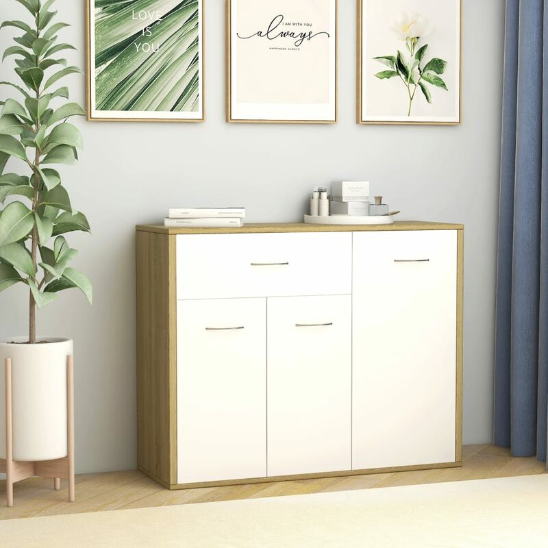 

Aparador de aglomerado color blanco y roble Sonoma 88x30x70 cm - Multicolor