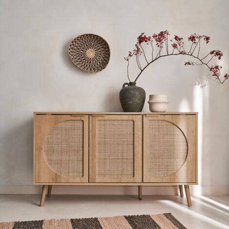 Aparador de almacenaje, Eva, caña redonda y decoración de madera, tres puertas, dos niveles, L 120 x A39 x H70cm - Natural