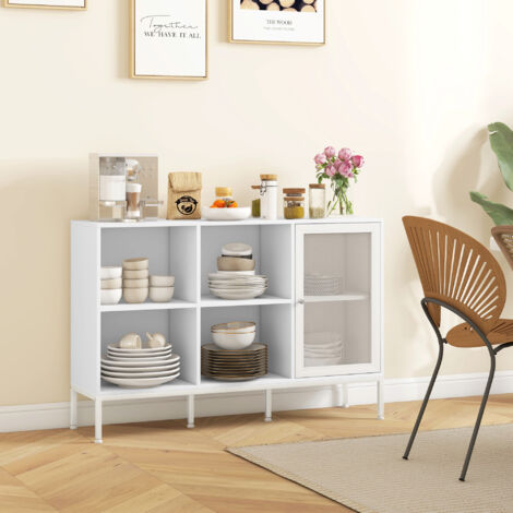 Aparador de Cocina Aparador Blanco con Puerta de Malla 4 Compartimentos Abiertos y Estante Ajustable 120x37x81,5 cm