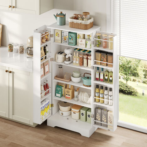 Aparador de cocina de 2 puertas, unidad de almacenaje, con iluminación LED activada por sensor, estantes ajustables, 60×35×128 cm, MDF, blanco