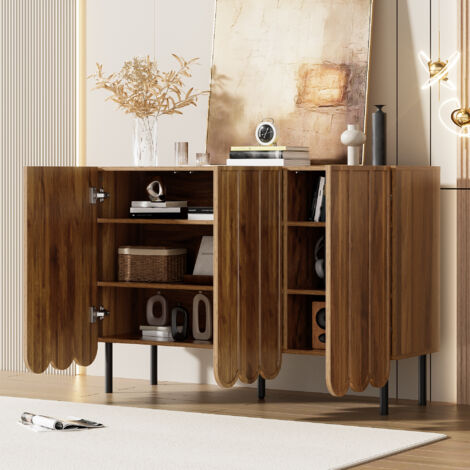 Aparador de cocina de 3 puertas con estantes y patas ajustables, ideal para recibidor o salón. Fabricado en MDF, 120×35×80 cm, color marrón.