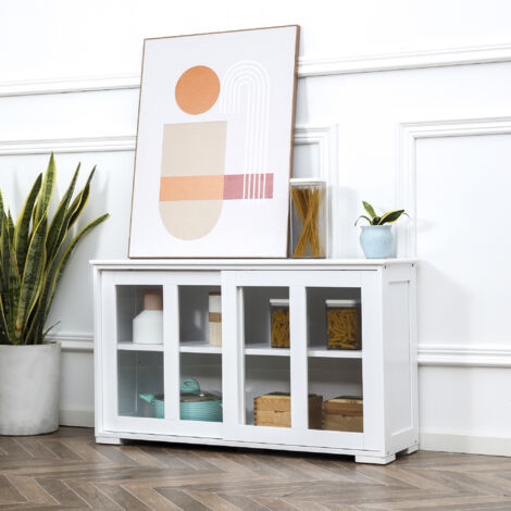 Aparador de Cocina Moderno Mueble Auxiliar con 2 Puertas Corredizas de Vidrio y Estante Ajustable 107x33x62,5 cm Blanco
