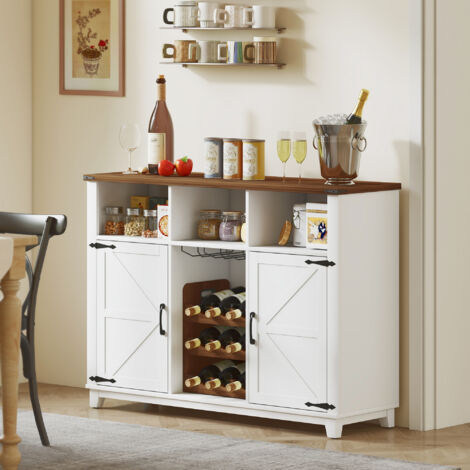 Aparador de Cocina Rústico con Estantes Ajustables y Botellero Mueble Auxiliar para Comedor, Salón 120x37x88 cm Blanco