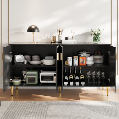 Aparador de cocina/salón 152x40x75cm – Tiradores y patas dorados, 4 puertas + Antivuelco, MDF, negro