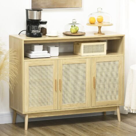 Aparador de Estilo Cannage Mueble Buffet Auxiliar con Puertas de Rejilla y Patas de Madera 120x40x97cm Natural