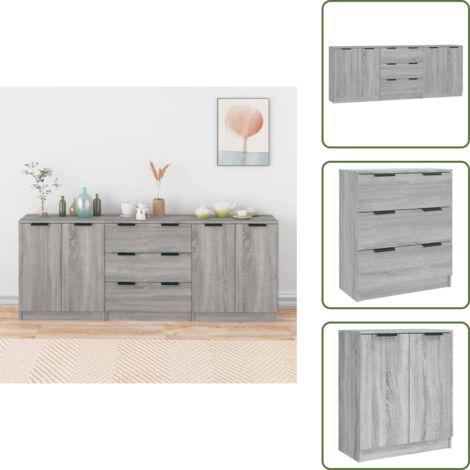 Aparador de madera contrachapada - vidaXL Aparador de 3 piezas madera contrachapada gris Sonoma - Aparador con puertas