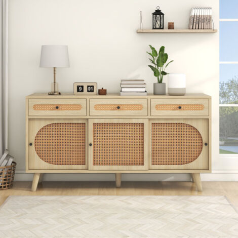 Aparador de madera de 140 cm, para salón, con puerta de ratán sintético PE y estantes ajustables, 3 puertas correderas