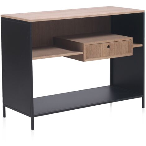 Aparador De Madera De Fresno Y Metal Negro Con Cajón Y Base Metálica