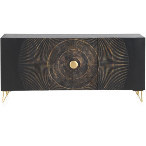 Aparador De Madera De Mango Negro Con 3 Puertas Y Patas De Metal Dorado