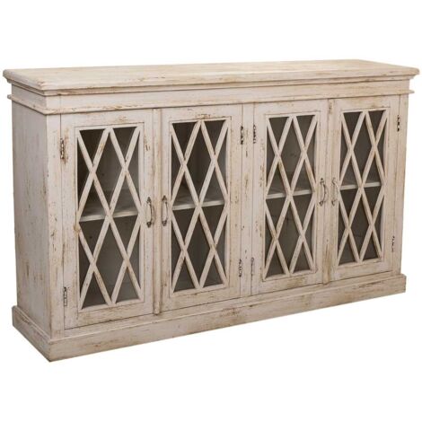 Aparador de madera y cristal artesanal blanco 170x40x100 cm