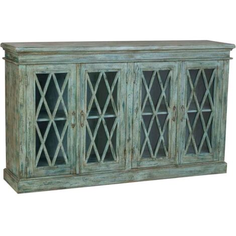Aparador de madera y cristal con 4 puertas, azul170x40x100h cm