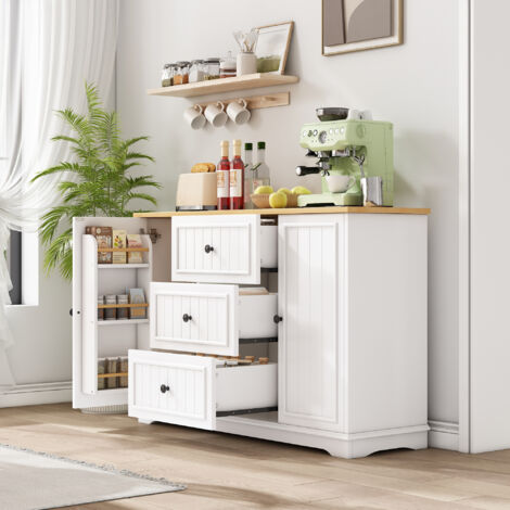 Aparador de MDF blanco con encimera color madera clara, 126x40x86 cm, 3 cajones, puertas y baldas ajustables
