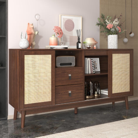 Aparador de MDF y aglomerado color madera oscura, 155x38x80 cm, 3 puertas correderas de ratán y 2 cajones