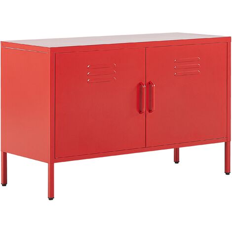 Aparador de metal rojo 100 x 40 cm 2 puertas estantes protectores patas Uria